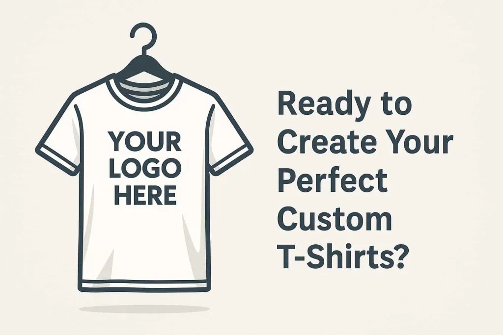 Illustration of a customizable t-shirt on a hanger with the words Your Logo Here next to the text Ready to Create Your Perfect Custom T-Shirts?
