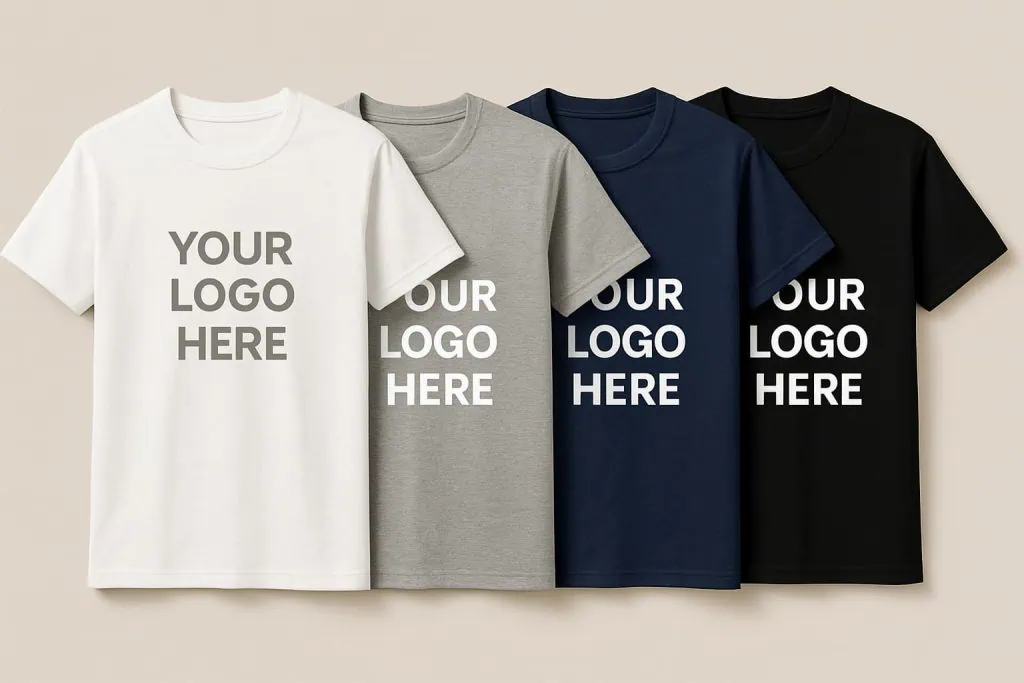 Collage of customizable crew neck t-shirts in white, gray, navy, and black with 'Your Logo Here' text, showcasing options for custom printing.
