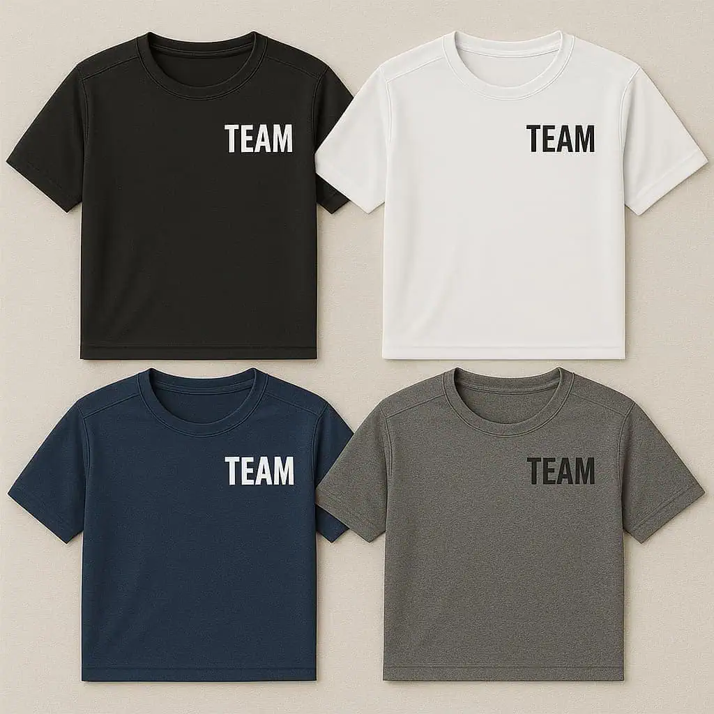 Custom performance t-shirts in black, white, navy, and heather gray with TEAM logo, athletic moisture-wicking fabric, flat lay mockup for sportswear and activewear.