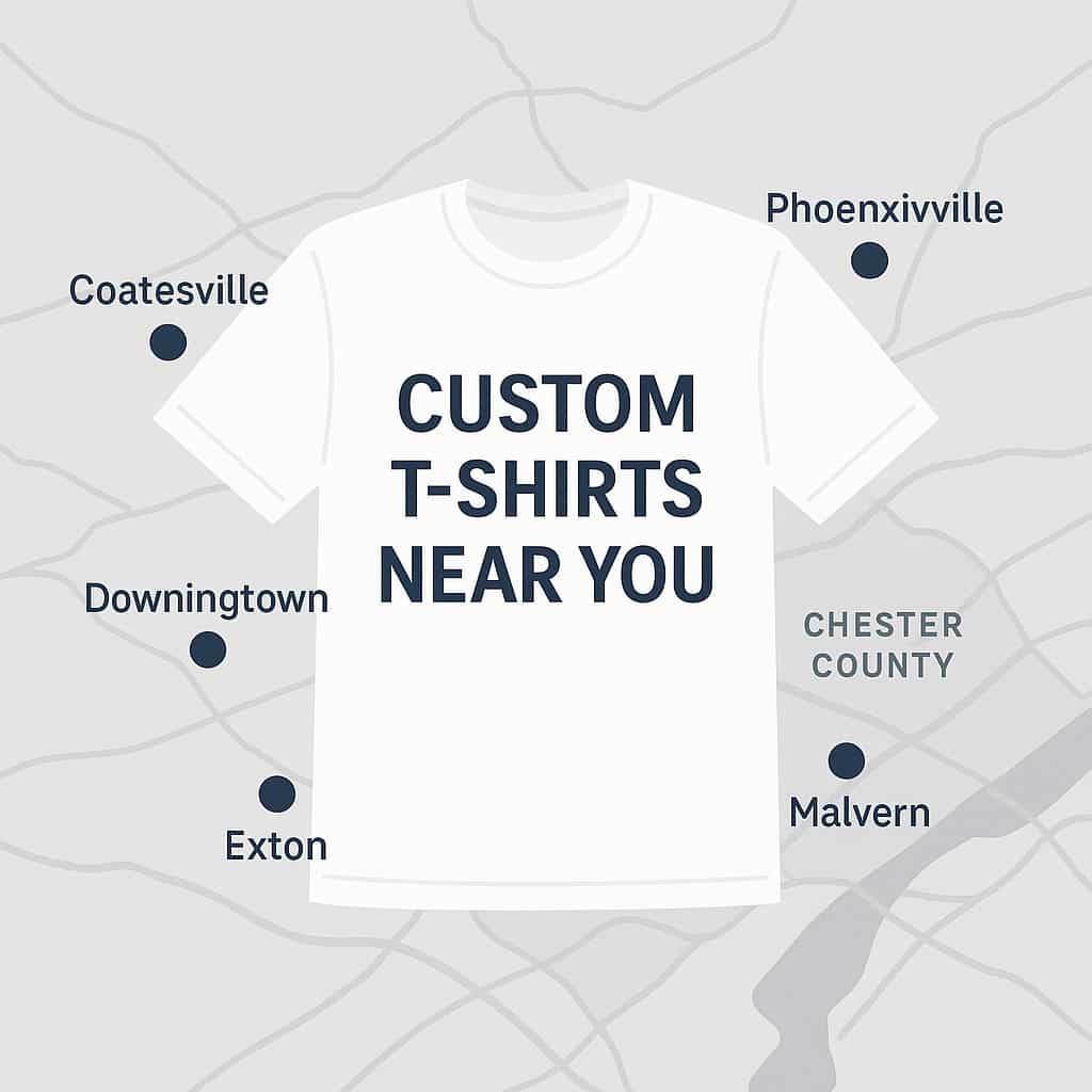 Illustration of a white t-shirt with the words Custom T-Shirts Near You placed over a simple map of Chester County highlighting Coatesville, Downingtown, Exton, West Chester, Malvern, and Phoenixville