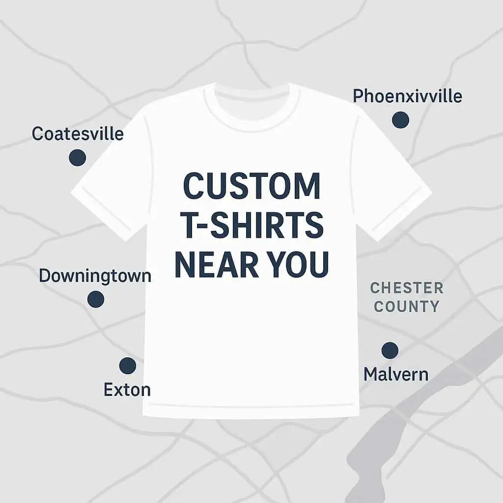 Illustration of a white t-shirt with the words Custom T-Shirts Near You placed over a simple map of Chester County highlighting Coatesville, Downingtown, Exton, West Chester, Malvern, and Phoenixville