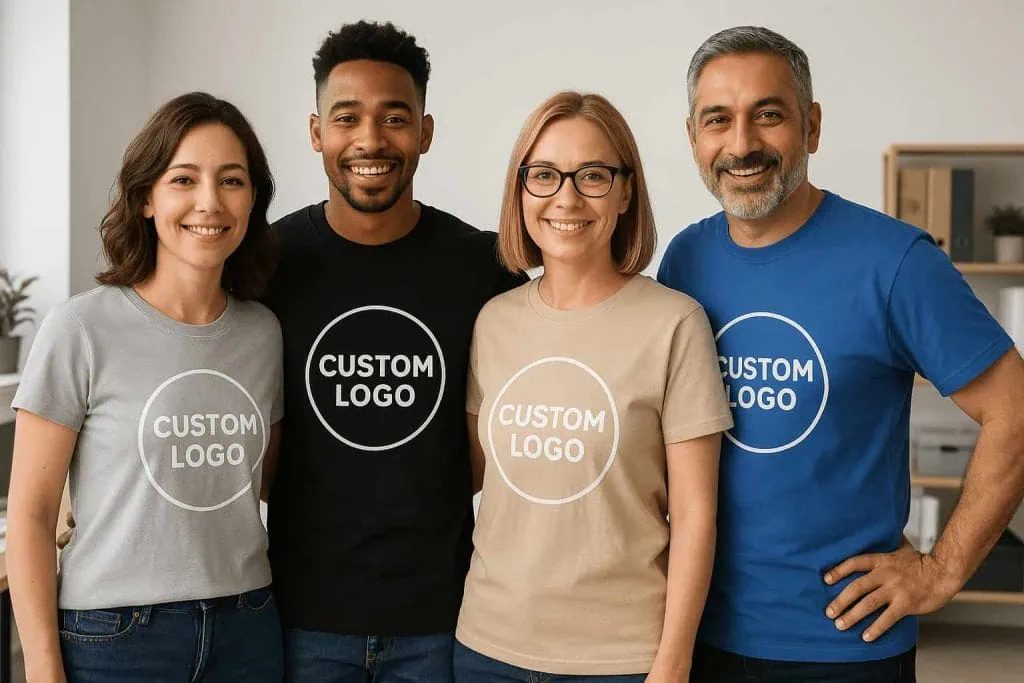 People wearing custom logo t-shirts.