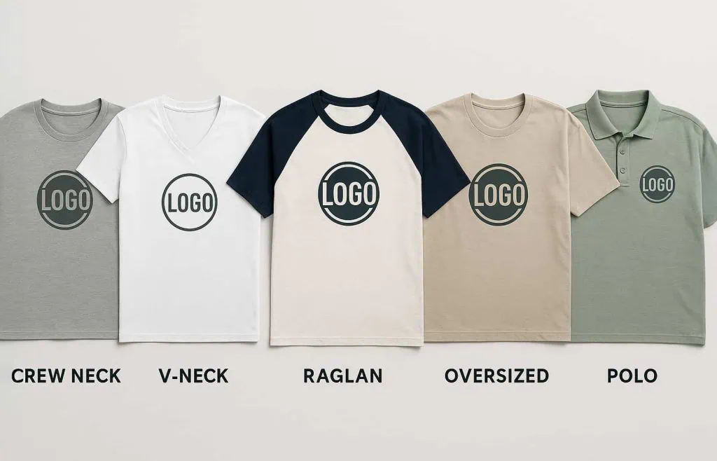 Collage of crew neck, v-neck, and raglan custom t-shirts.