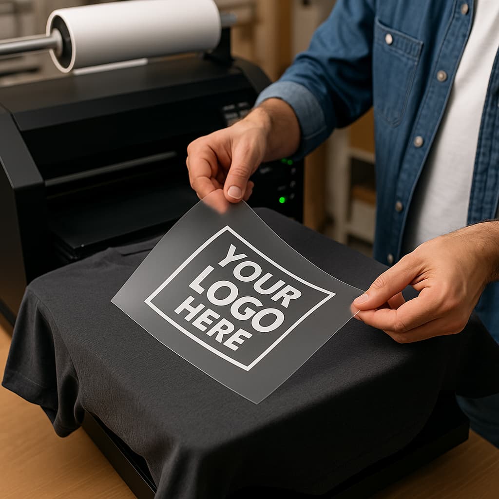 DTF printing process with a printer outputting a transparent film showing 'Your Logo Here' being positioned onto a gray t-shirt for custom design transfer.