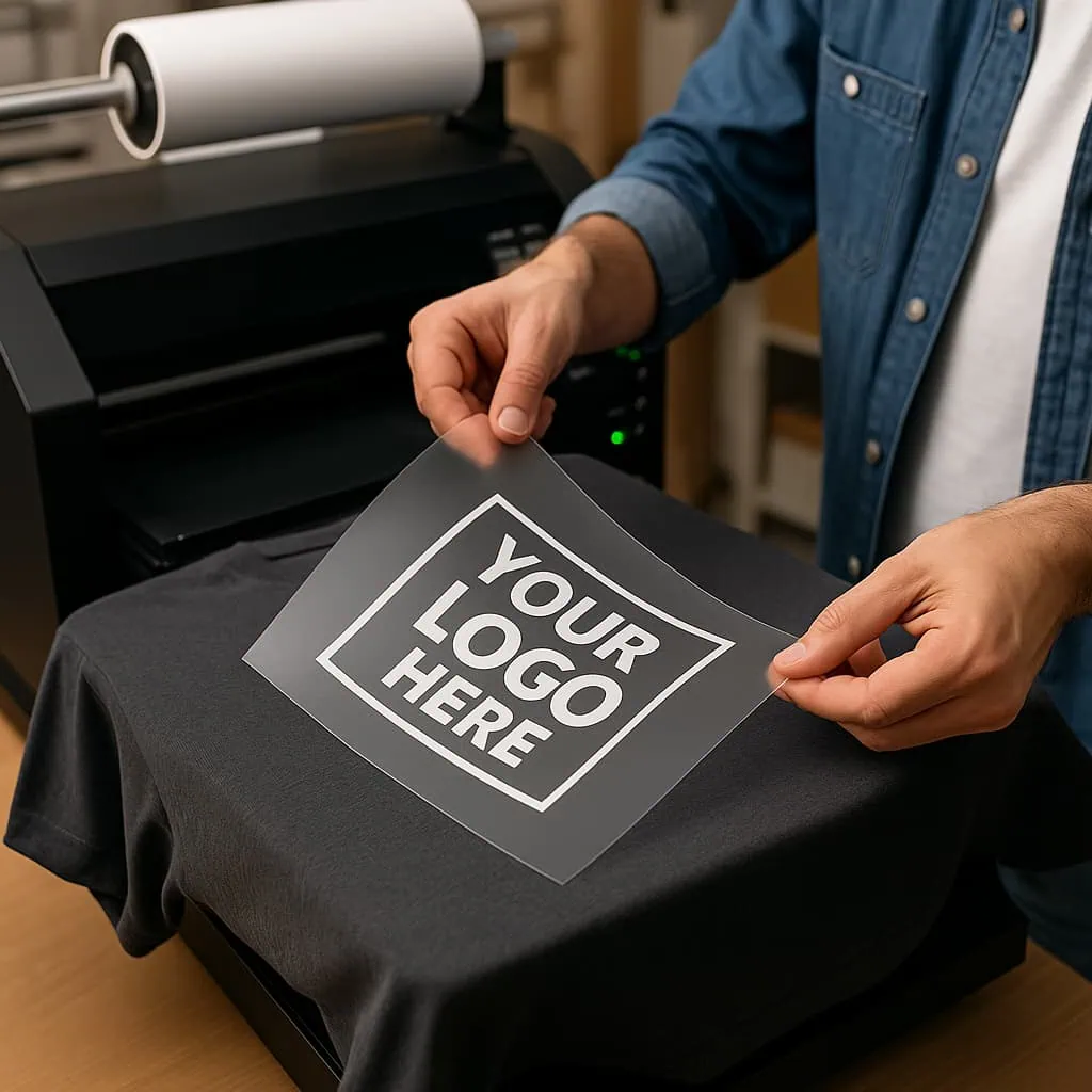 DTF printing process with a printer outputting a transparent film showing 'Your Logo Here' being positioned onto a gray t-shirt for custom design transfer.