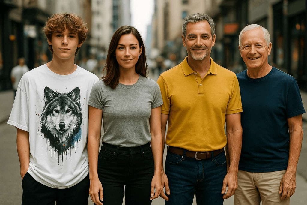 Photograph showing four individuals from different age groups wearing trendy t-shirts in 2025: a Gen Z teen in oversized graphic streetwear, a young adult in a slim-fit crew neck, a middle-aged person in a polo shirt, and a senior in a classic cotton crew neck.