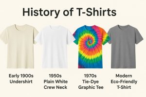Collage showing history of t-shirts: early 1900s undershirt, 1950s plain white crew neck, 1970s tie-dye graphic tee, and modern gray eco-friendly t-shirt with captions.