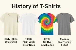 Collage showing history of t-shirts: early 1900s undershirt, 1950s plain white crew neck, 1970s tie-dye graphic tee, and modern gray eco-friendly t-shirt with captions.