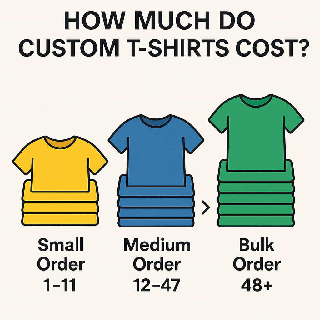 Illustration showing small, medium, and bulk custom t-shirt order stacks to represent how per-shirt cost decreases with higher quantities