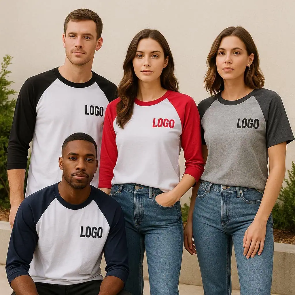 Models wearing custom raglan baseball t-shirts with contrasting sleeves in black, red, navy, and gray, featuring chest logo print, casual lifestyle photo for personalized apparel.