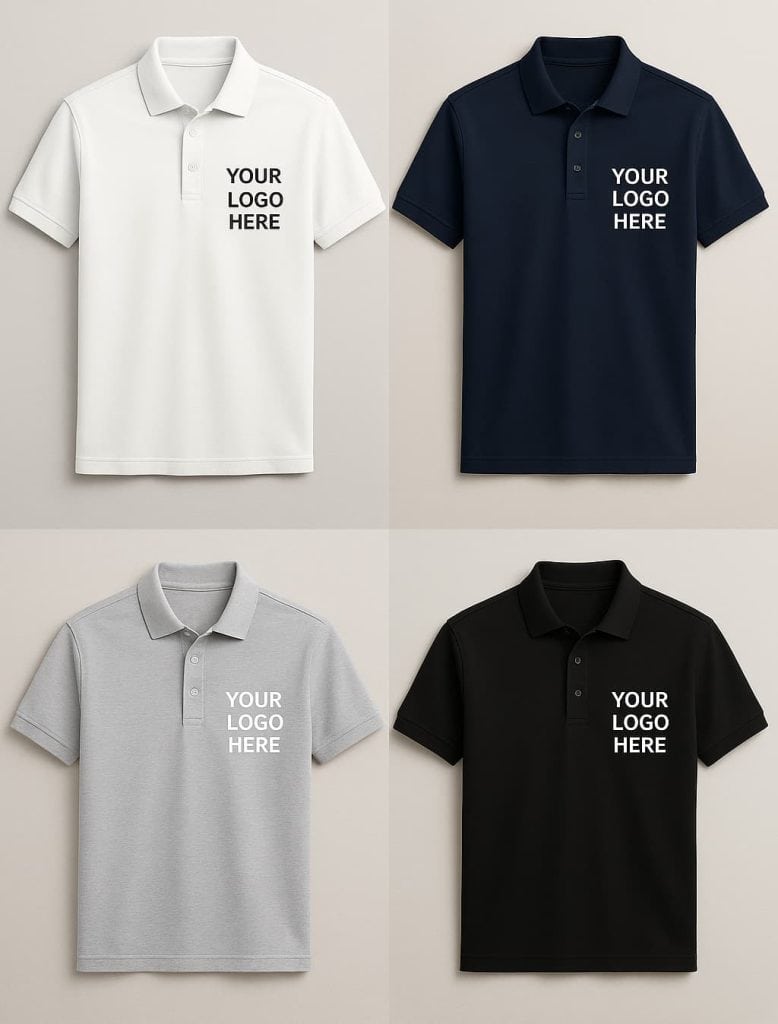 Collage of customizable polo shirts in white, navy, gray, and black with 'Your Logo Here' text, showcasing classic business casual styles for custom printing