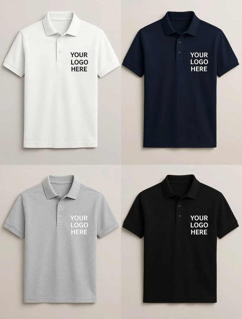 Collage of customizable polo shirts in white, navy, gray, and black with 'Your Logo Here' text, showcasing classic business casual styles for custom printing