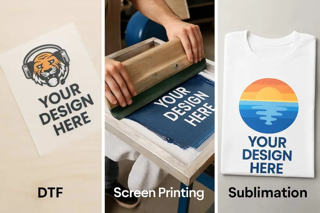 Comparison of DTF, screen printing, and sublimation.