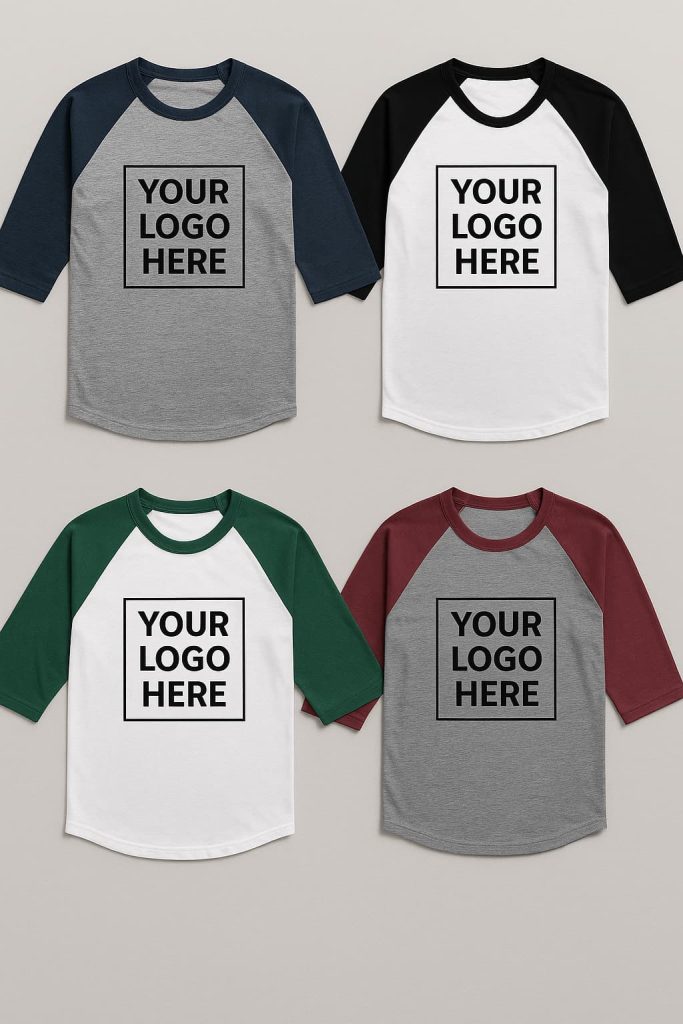 Collage of customizable raglan t-shirts with contrasting sleeves in navy, black, green, and maroon, each featuring 'Your Logo Here' text for custom printing.