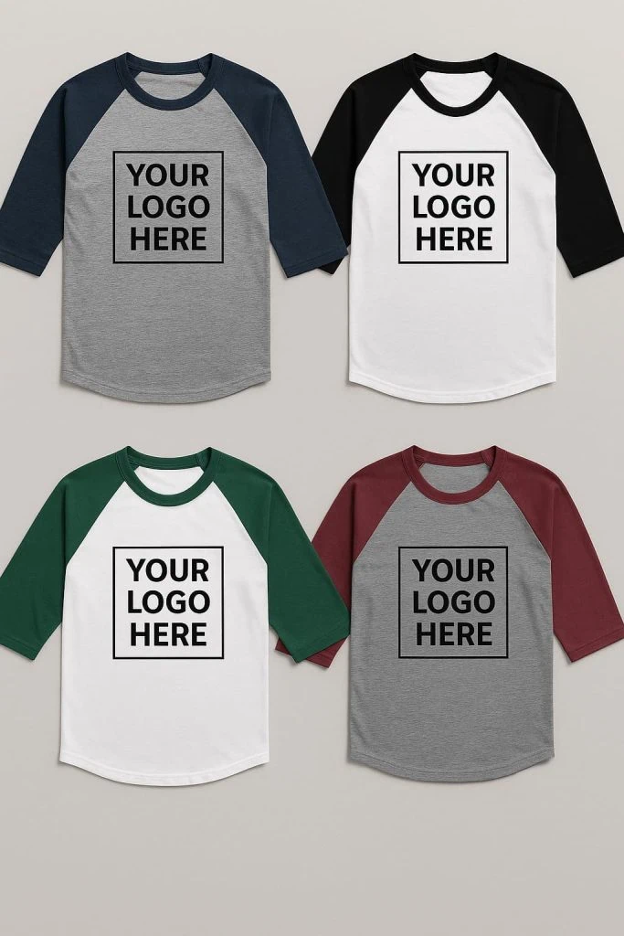 Collage of customizable raglan t-shirts with contrasting sleeves in navy, black, green, and maroon, each featuring 'Your Logo Here' text for custom printing.