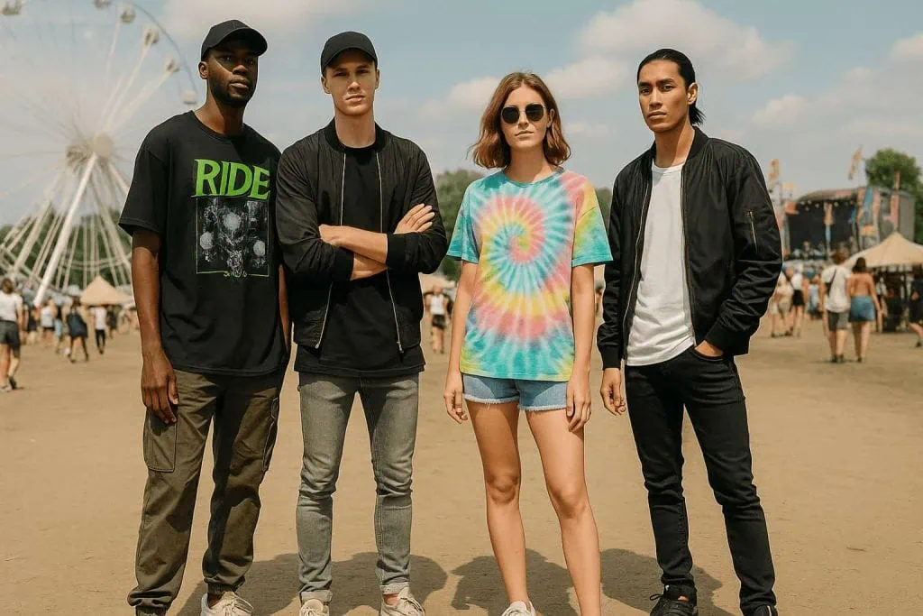 Group of young adults in streetwear and festival t-shirt outfits, including oversized graphic tees, tie-dye shirts, cargo pants, and sneakers, posing outdoors in a lively setting.