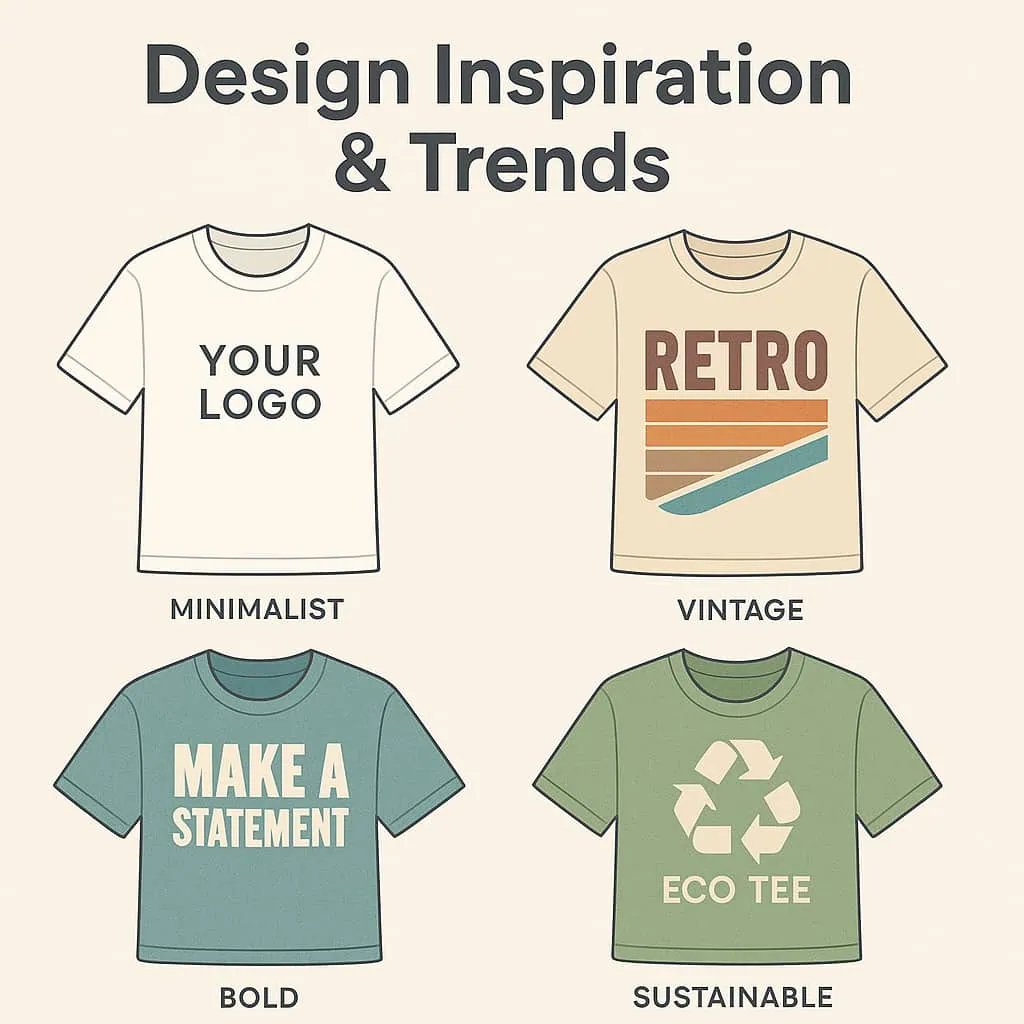 Illustration of four custom t-shirts labeled Minimalist, Vintage, Bold, and Sustainable to represent popular design trends