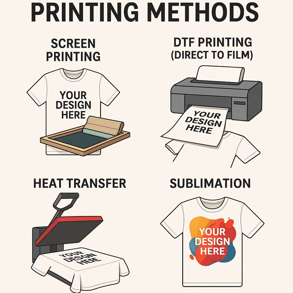 Infographic showing t-shirt printing methods - screen printing, DTF printing, sublimation, and heat transfer — with icons and labels comparing durability and best uses.
