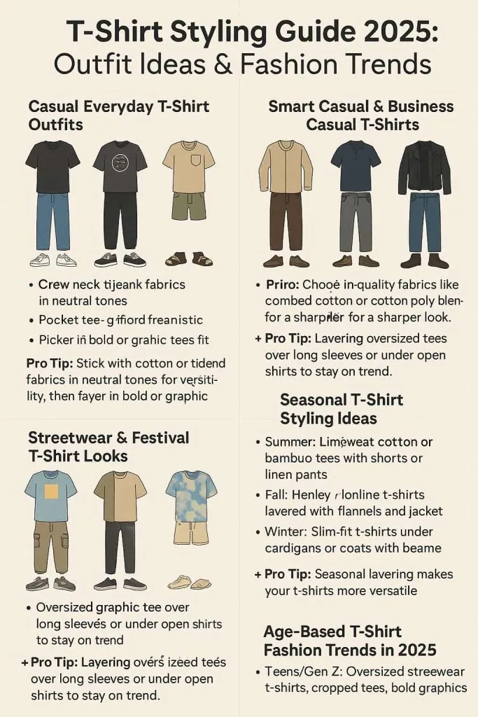 Infographic for T-Shirt Styling Guide 2025 showing casual everyday outfits, smart casual t-shirt looks, streetwear and festival fashion, seasonal styling ideas, and age-based t-shirt fashion trends with illustrated examples.