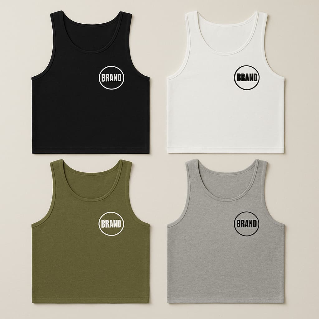 Custom tank tops in black, white, olive green, and heather gray with chest logo, square flat lay mockup for personalized apparel.
