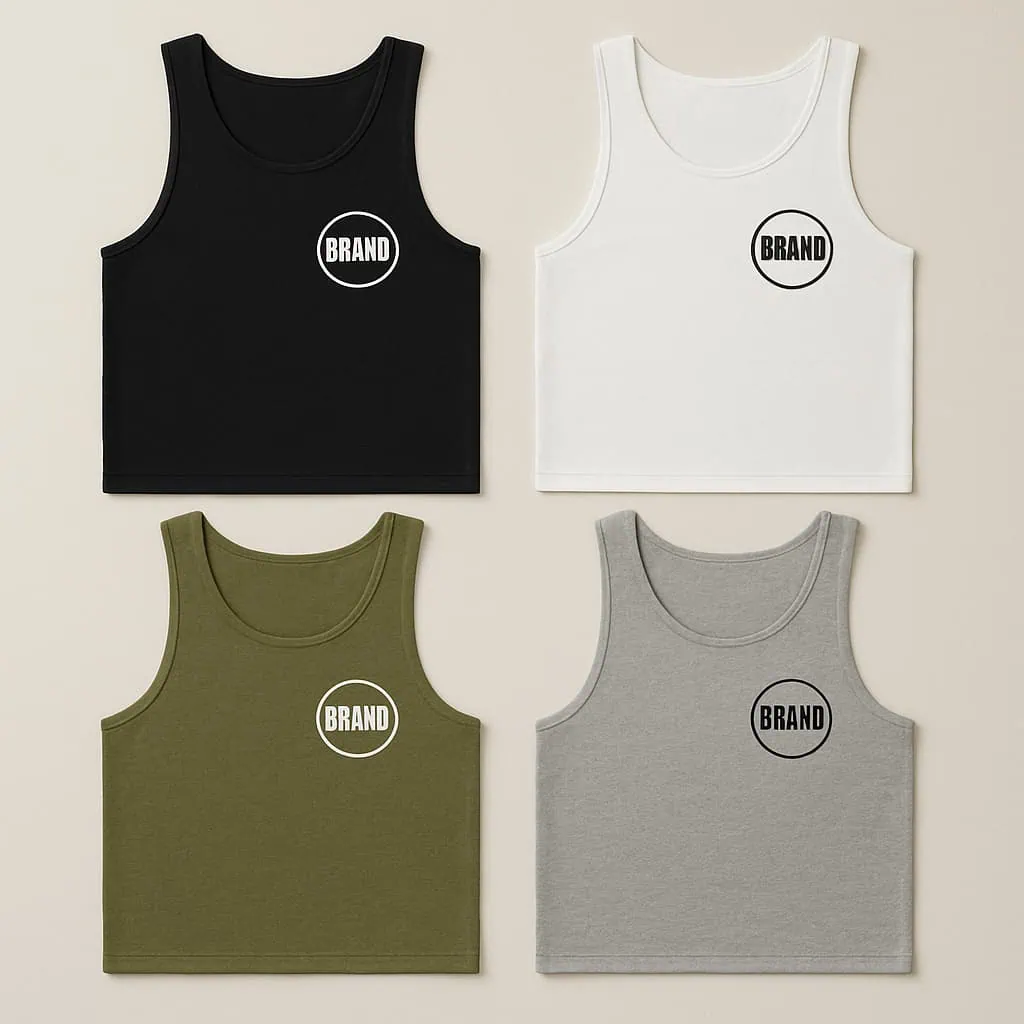 Custom tank tops in black, white, olive green, and heather gray with chest logo, square flat lay mockup for personalized apparel.