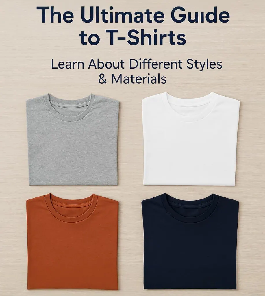 Hero image for types of t-shirts guide showing folded crew neck t-shirts in gray, white, orange, and navy with text 'The Ultimate Guide to T-Shirts: Learn About Different Styles & Materials