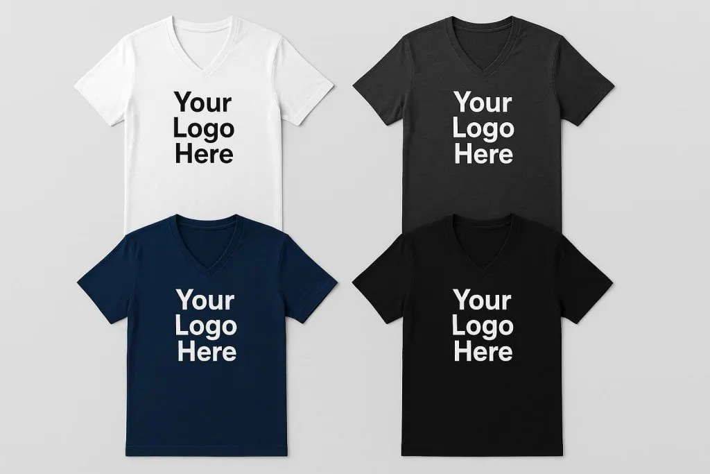 Collage of customizable v-neck t-shirts in white, gray, navy, and black with 'Your Logo Here' text, showcasing slim-fit styles for custom printing.