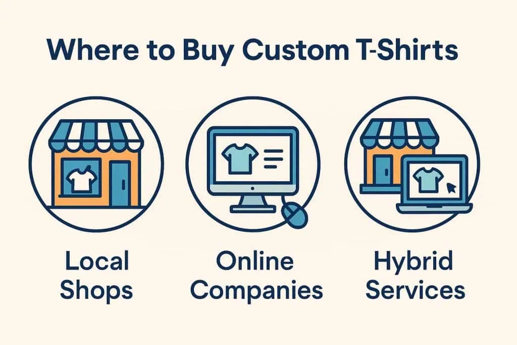 Infographic showing where to buy custom t-shirts with icons for local shops, online companies, and hybrid services