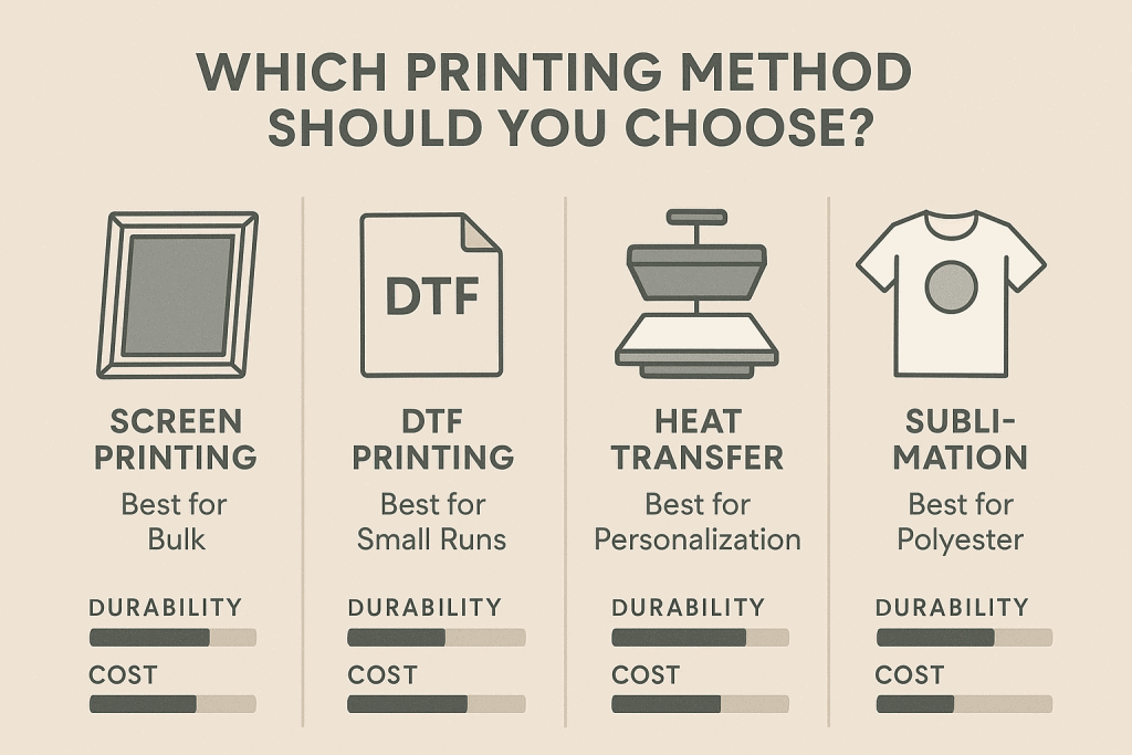 Infographic comparing t-shirt printing methods with correct spelling of 'Which Printing Method Should You Choose?' showing Screen Printing for bulk, DTF Printing for small runs, Heat Transfer for personalization, and Sublimation for polyester all-over prints.