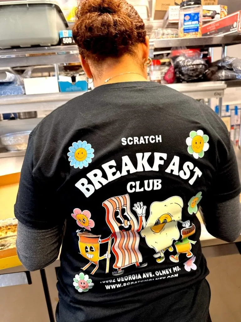 Scratch Breakfast Club custom back print on navy restaurant staff t-shirt