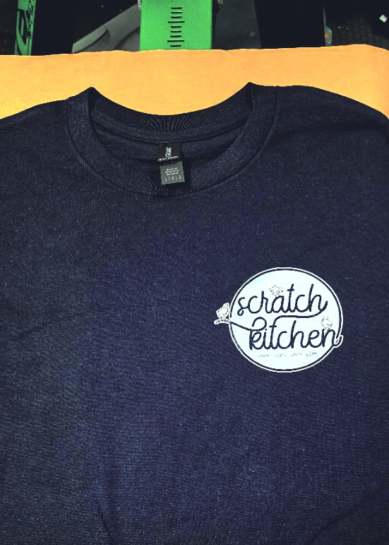 Scratch Kitchen front chest logo on custom printed staff shirt